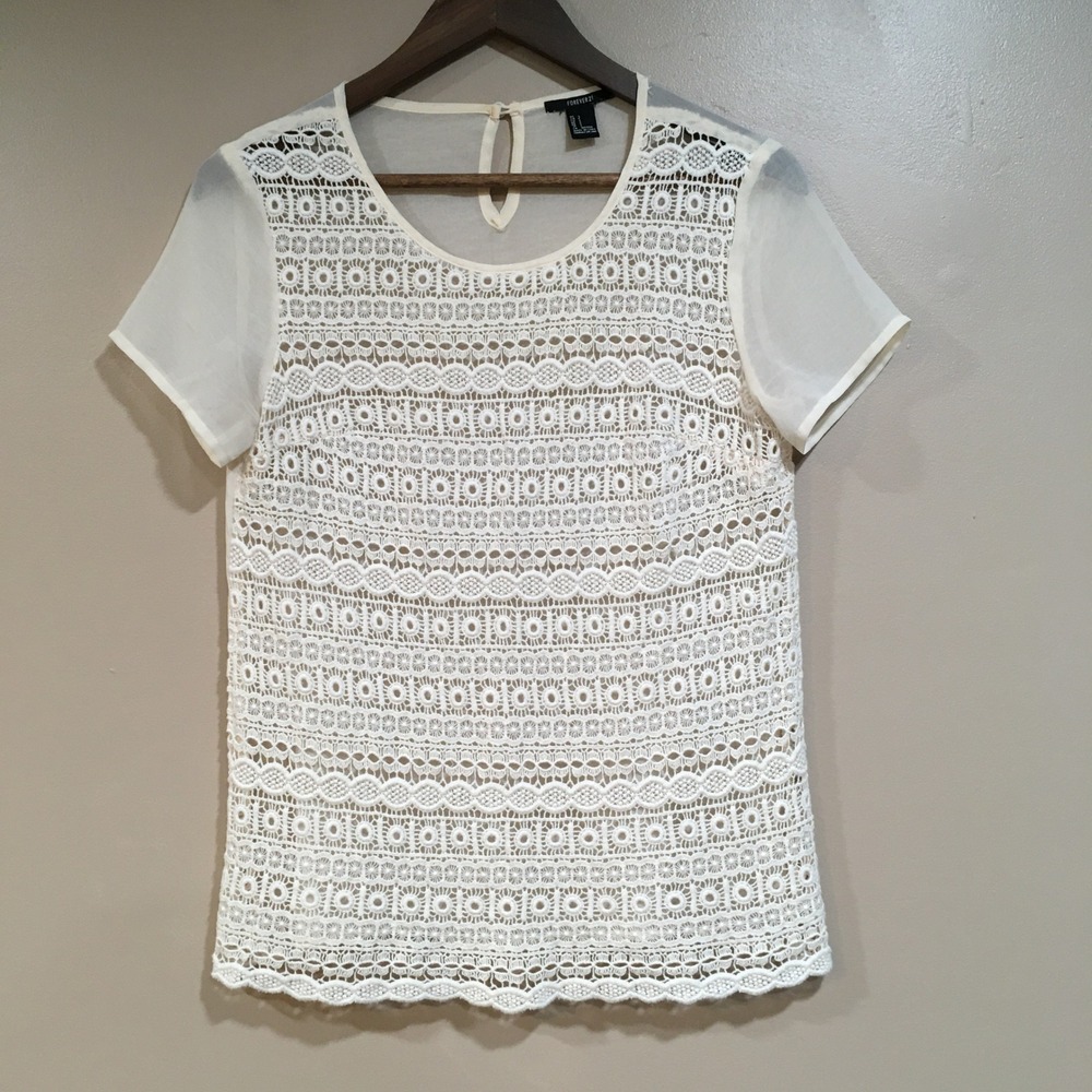 Forever 21 Crochet Lace Sheer Blouse Women S Cream Boho Romantic Festival Dainty